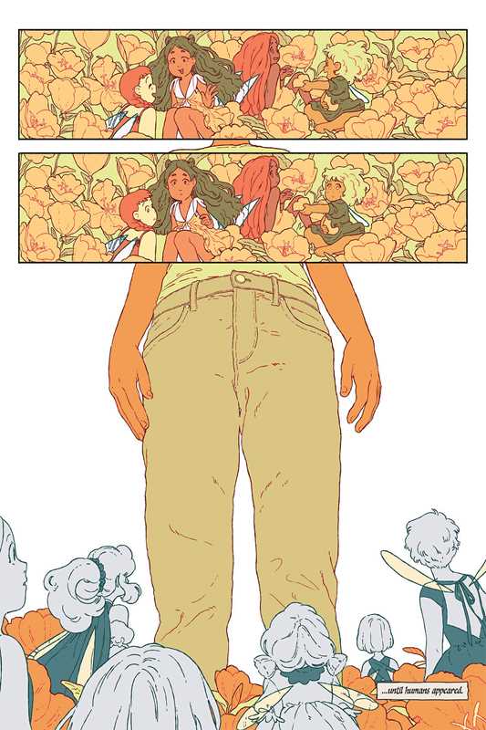 Image shows a human looking down over flowers and sprites