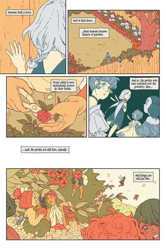 Image shows several panels of the story, depicting both the human gardener and the sprites