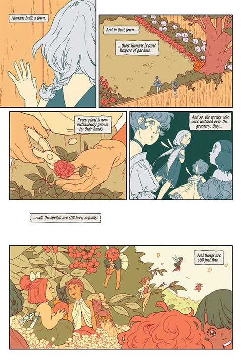 Image shows several panels of the story, depicting both the human gardener and the sprites