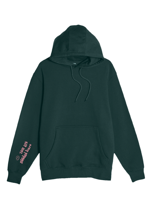 Front of black hoodie with kangaroo pocket and mauve smiley face on sleeve with text reading "you are needed here"
