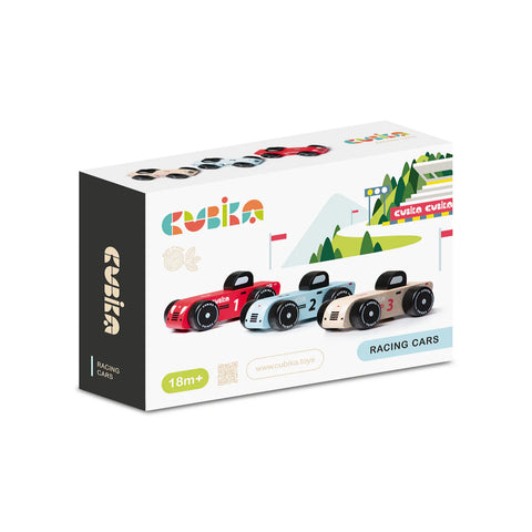 Image shows the product box, which shows three wooden toy cars in various colors.