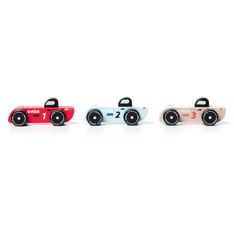 Image shows a side view of the three wooden toy cars.