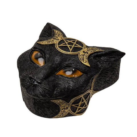Image shows a small black cat box with amber eyes. It has a circle with a star and two crescent moons on its forehead.