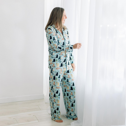 Women's Collared Pajama Set (Long Sleeve) - Spring Sky House Cats