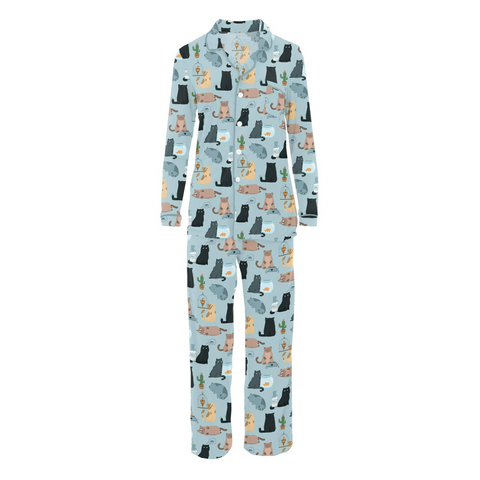 Women's Collared Pajama Set (Long Sleeve) - Spring Sky House Cats