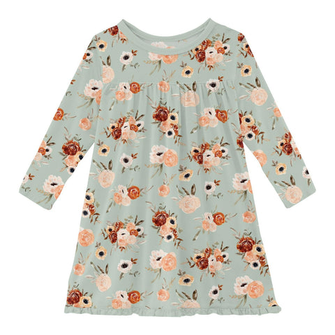 Print Long Sleeve Swing Dress in Aloe Fall Floral 3T Print Long Sleeve Swing Dress in Aloe Fall Floral 3T