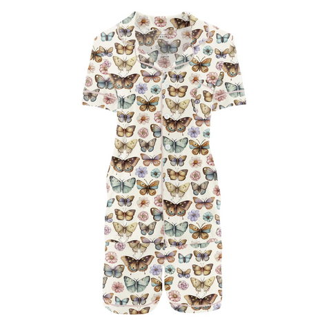 Women's Collared Pajama Set (Short Sleeve & Shorts) - Botanical Butterflies