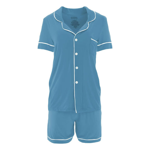 Women's Collared Pajama Set (Short Sleeve) - Blue Moon with Natural