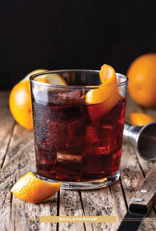 The image depicts a cocktail titled a Boulevardier