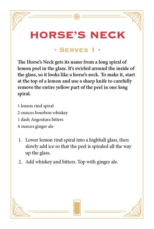 Image depicts a card with the recipe for a Horse's Neck cocktail