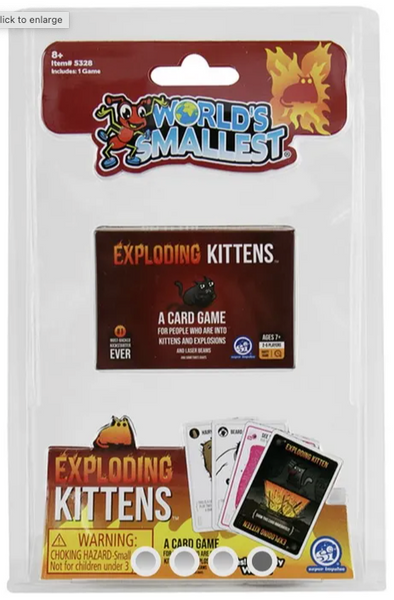 Image shows the world's smallest exploding kittens game in its packaging.