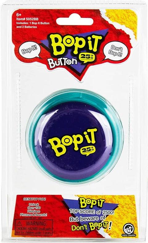 Image shows the world's smallest bop it button in its packaging