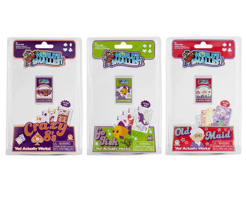 Image shows three world's smallest classic kids card games in their packaging.