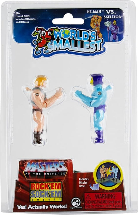 Image shows the Worlds Smallest Rock Em Sock Em Masters of the Universe Robots in its packaging