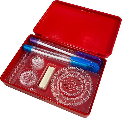 Image shows the parts of the world's smallest spirograph in their box