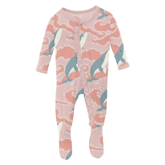 Footie with Classic Ruffles (Snaps) - Baby Rose Splashing Whales