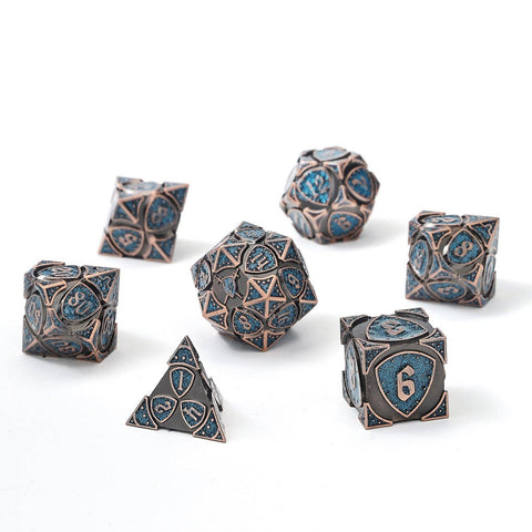 Solid Metal Fighter RPG Dice Set - Copper with Blue Glitter