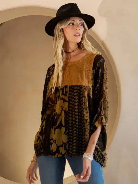 Top - Bohemian: Tiered Patchwork Blouson Boho Babe Camel
