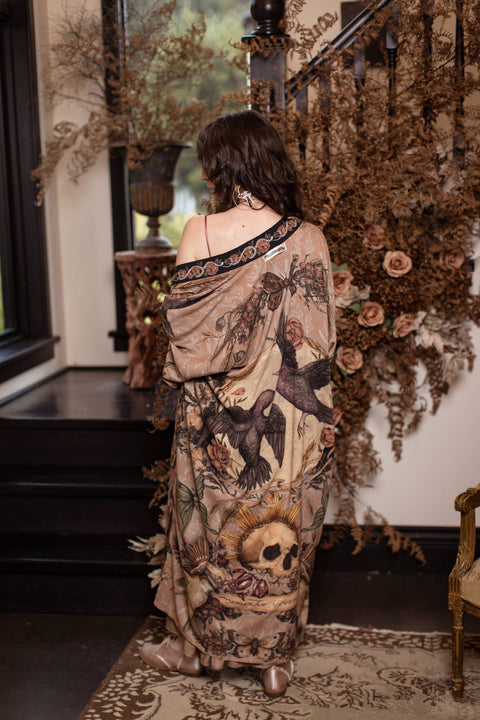 Opera Duster Kimono Robe - Momento with Starlings & Skull
