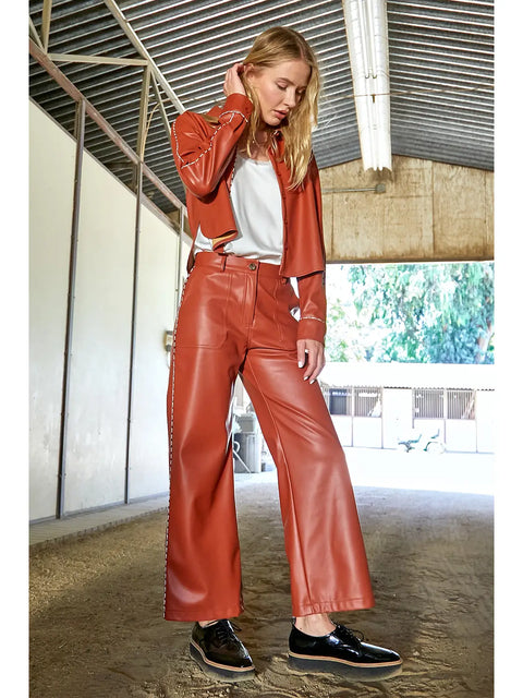 Pants - Piping Faux Leather Brick Red