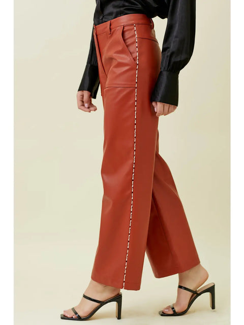 Pants - Piping Faux Leather Brick Red