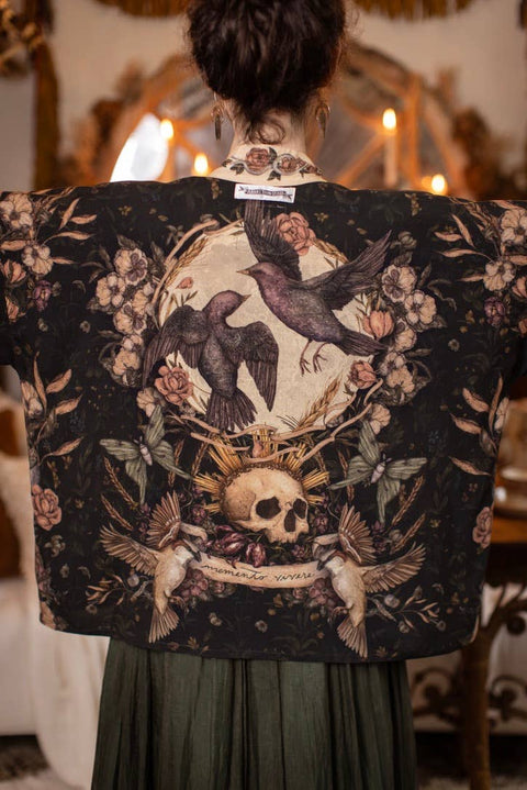 Pixie Duster Crop Kimono - Momento with Floral, Starling & Skull