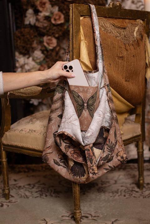 Linen Tote Bag - Momento with Starling, Skull & Floral Print