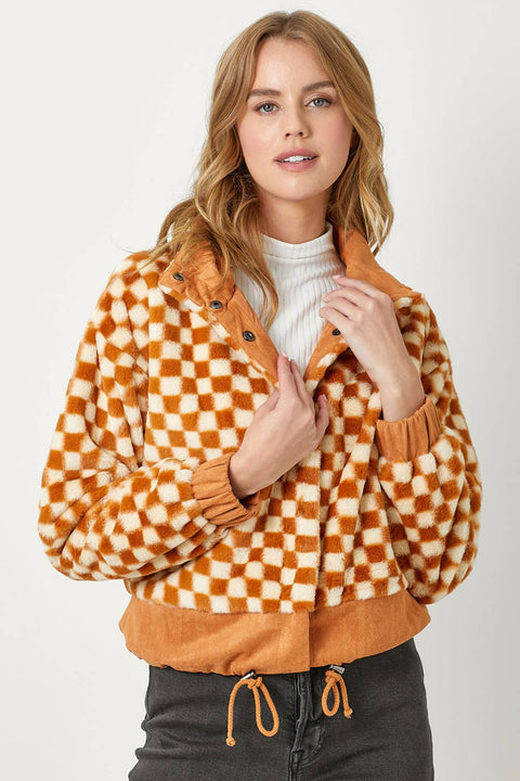 Checkered Faux Fur Jacket - Pumpkin