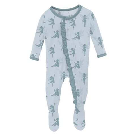 Last One - Size 6/9 Months: Ruffle Footie (Snaps) - Illusion Blue Forest Fairies