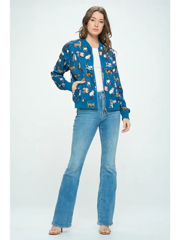 Bomber Jacket - Multi Cat Print On Blue