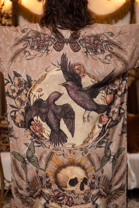 Opera Duster Kimono Robe - Momento with Starlings & Skull