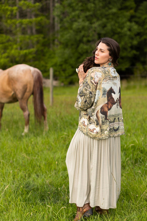 Pixie Duster Crop Kimono - Born to Run  w/ Horse & Flower Print