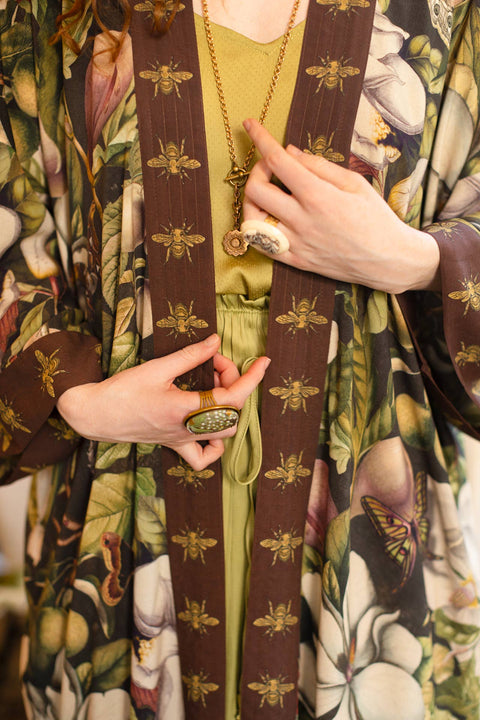 Opera Duster Kimono Robe - Fleur De Lune with Florals & Bees