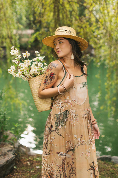 Long Maxi Slip Dress - Fable Bohéme w/ Blossoms, Deer & Moon