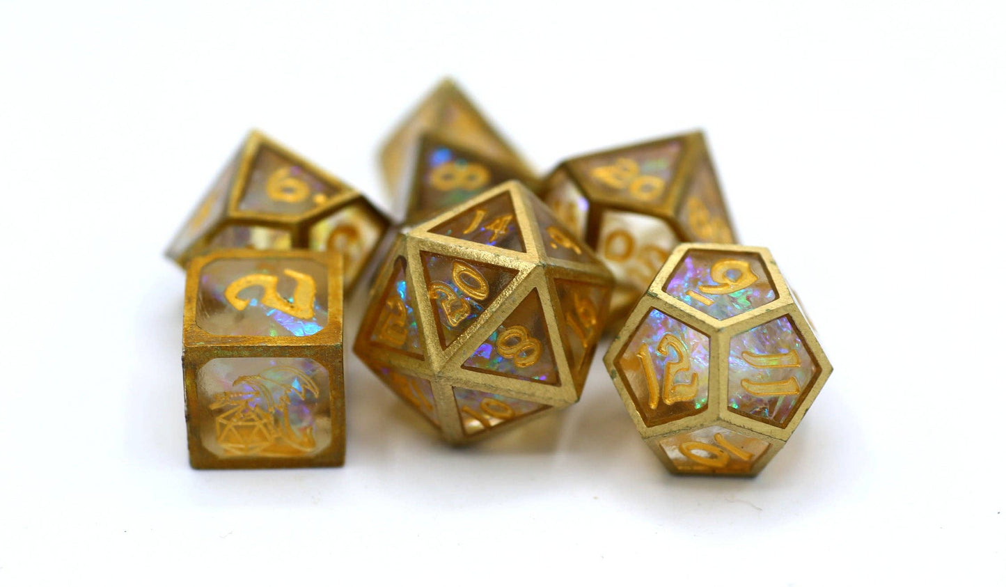 Caged Resin Dice set - Opal with Brass Frame