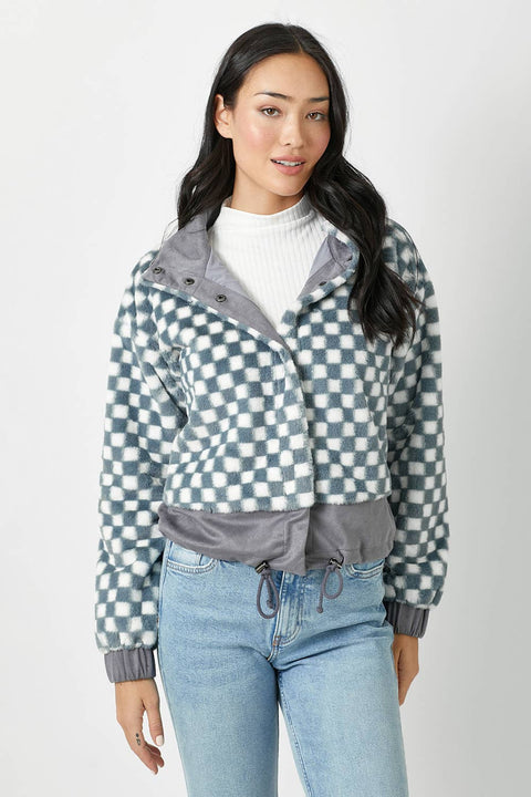 Checkered Faux Fur Jacket - Denim Blue