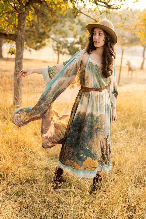 Bohéme Printed Long Maxi Slip Dress - Awakening with Landscape