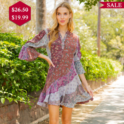 Boho Patchwork Overdyed Babydoll Dress - Grey