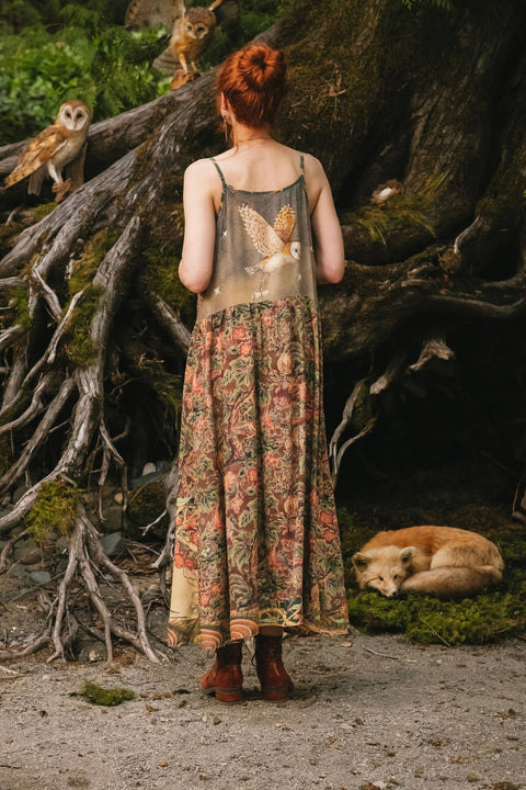 Bohéme Maxi Slip Dress - Woodland Wisdom w/ Florals, Fox & Owl