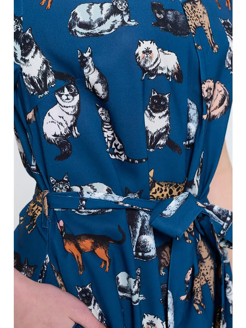 Dress - All Over Cat Blue With Pocket