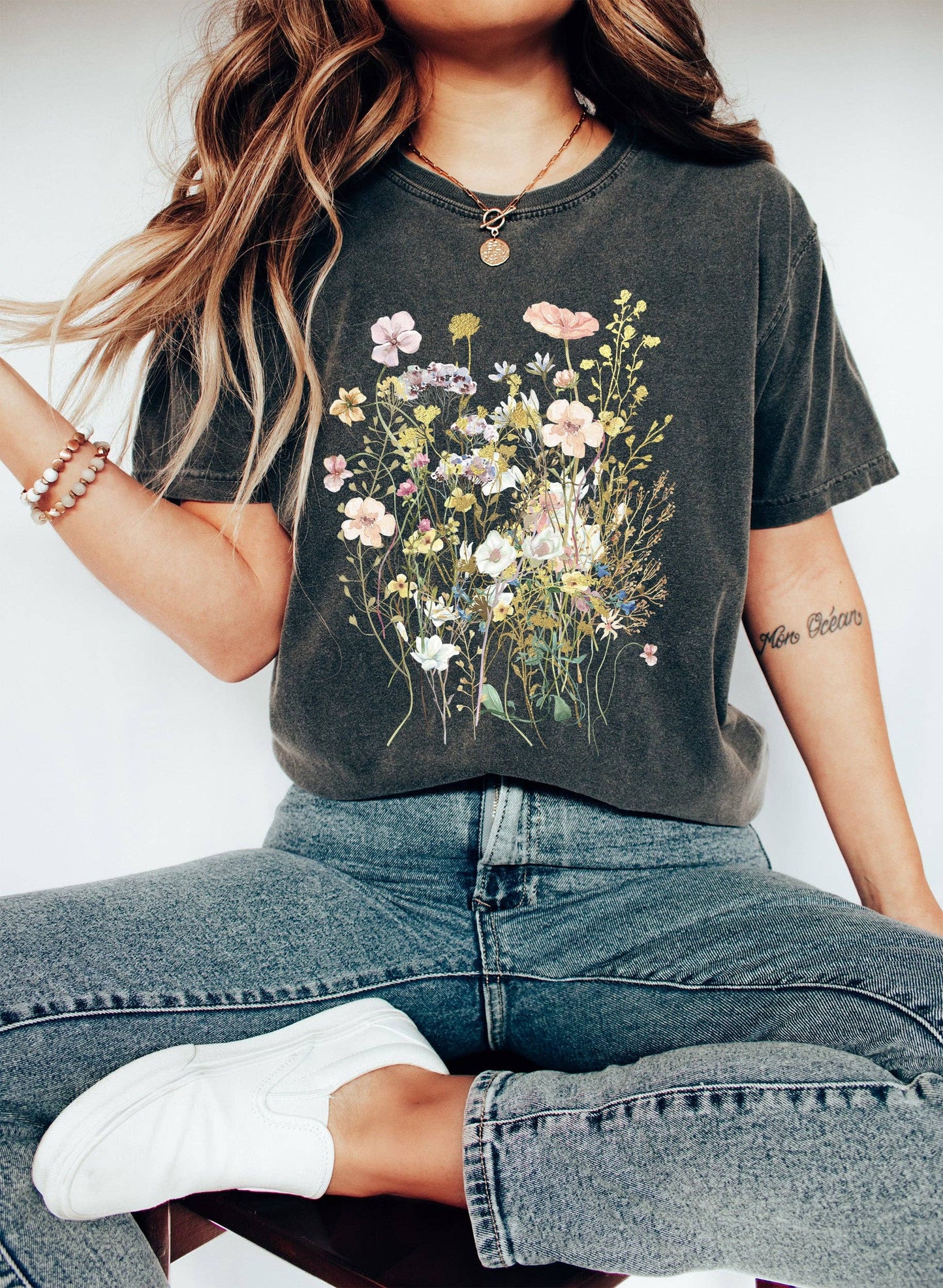 Tee (Short Sleeve) - Vintage Floral Boho Wildflowers (Pepper Grey)