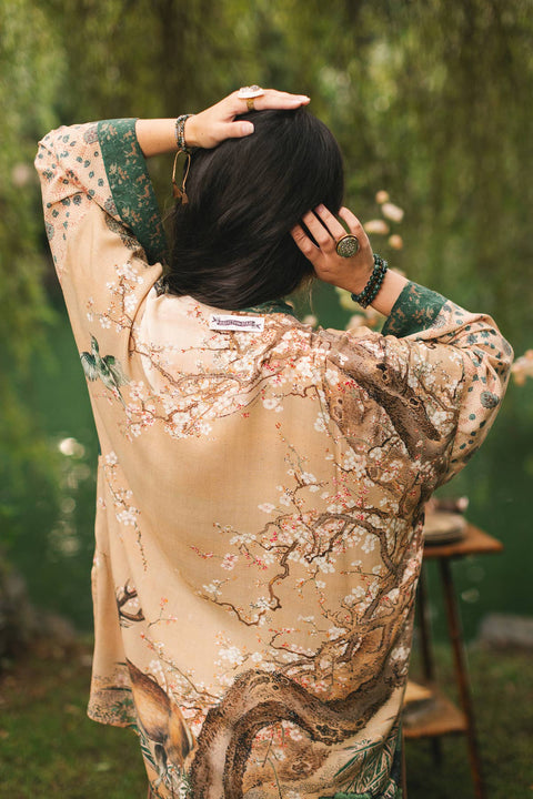 Duster Kimono - Fable Matinée with Deer and Moon, mid-length