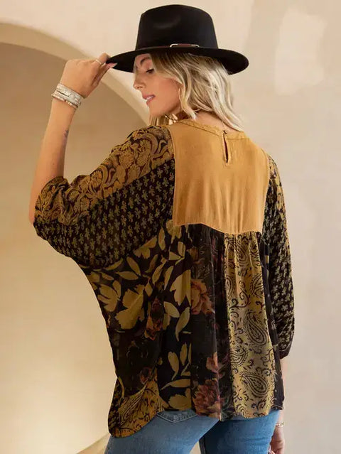 Top - Bohemian: Tiered Patchwork Blouson Boho Babe Camel