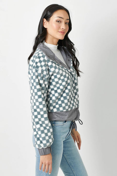 Checkered Faux Fur Jacket - Denim Blue