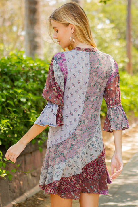 Boho Patchwork Overdyed Babydoll Dress - Grey