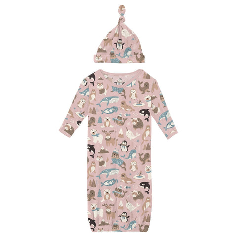 Layette Gown & Knot Hat Set - Baby Rose Arctic Animals