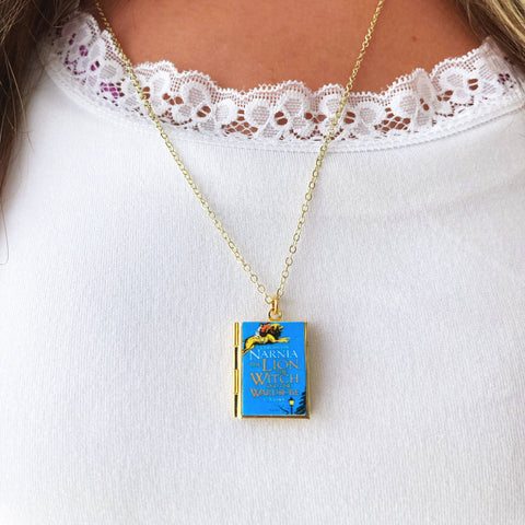 Necklace - Book Locket Chronicles of Narnia Blue with Aslan: Brass