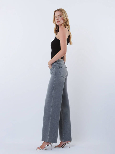 Jeans - Mid Rise Clean Cut Raw Hem Wide Leg: Grey