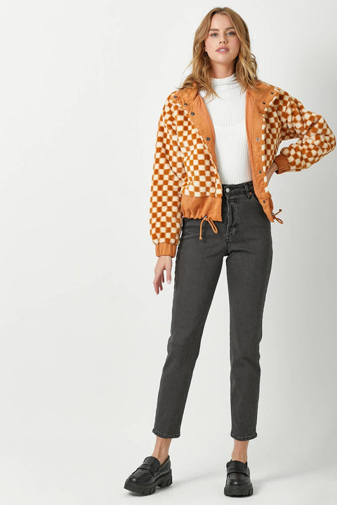 Checkered Faux Fur Jacket - Pumpkin