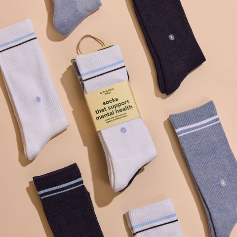 Comfort Crew Socks that Support Mental Health - White/Blue (3pk)
